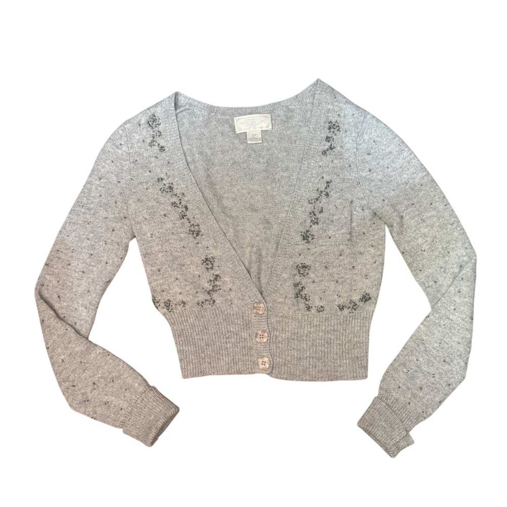 American‎ Eagle Gray Angora Blend Beaded Floral Cropped Cardigan Sweater Small